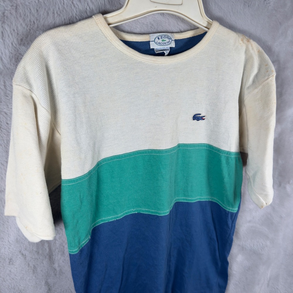 Vintage Izod Lacoste Colorblock Waffle Knit Shirt Mens Cream Green Blue USA Made